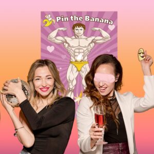 QINGRUIGO Bridal Shower Games Pin The Banana on The Hunk,Wedding Engagement Girls Night Pin The Ring Game 50 Stickers Includes Large Poster Single Girl Party Night Games