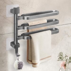 pysrych no drill swivel towel rack wall mounted 3-arm towel bar abs self-adhesive towel holder with hook for bathroom shower kitchen grey