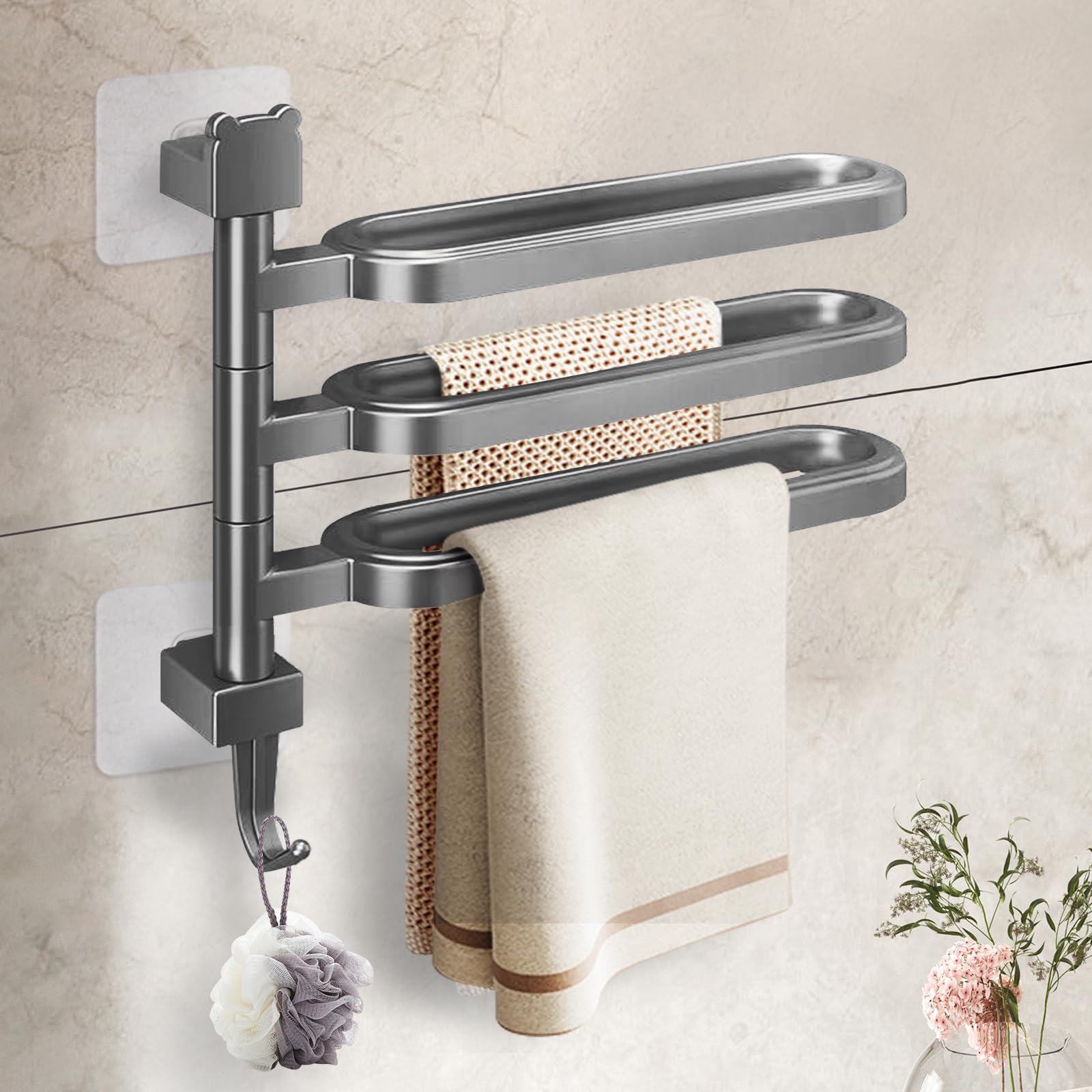 Pysrych No Drill Swivel Towel Rack Wall Mounted 3-Arm Towel Bar ABS Self-adhesive Towel Holder with Hook for Bathroom Shower Kitchen Grey