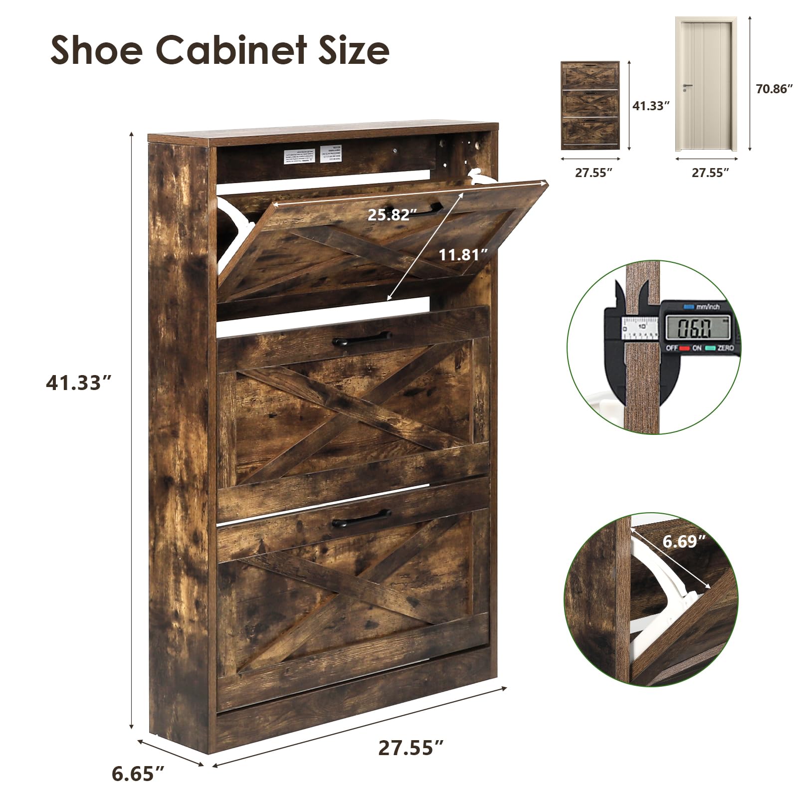 HOPUBUY Shoe Cabinet for Entryway, Narrow Shoe Storage Cabinet with 3 Flip Drawers, Hidden Shoe Rack Farmhouse Shoe Cabinet for Front Door Entrance, Rustic Brown