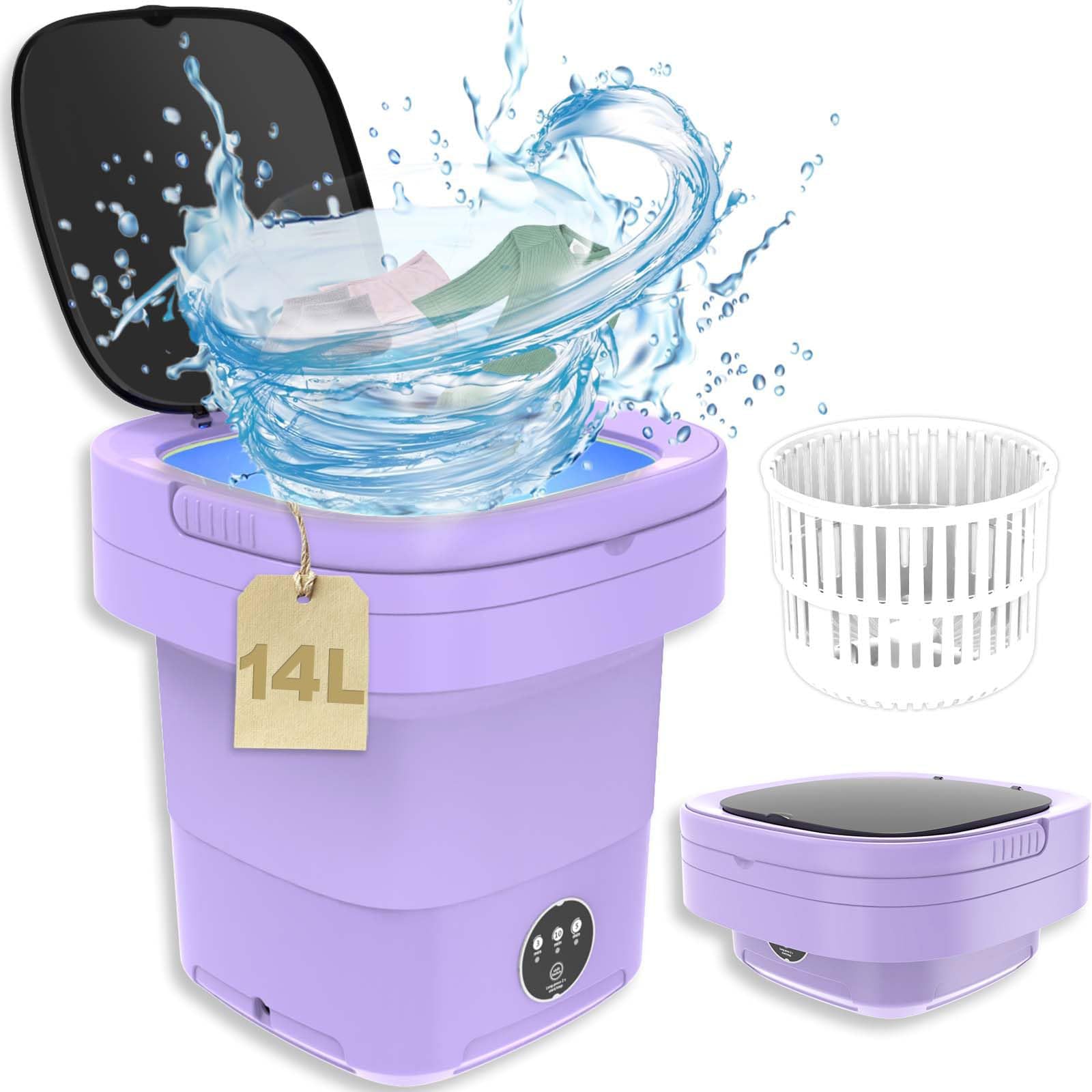 Portable Washing Machine, 14L Upgraded Mini Foldable Washer with Drain Basket Washer, 2 in 1 Intelligent Laundry Machine for Baby Clothes, Underwear, Apartment, Camping, Travel （Purple）