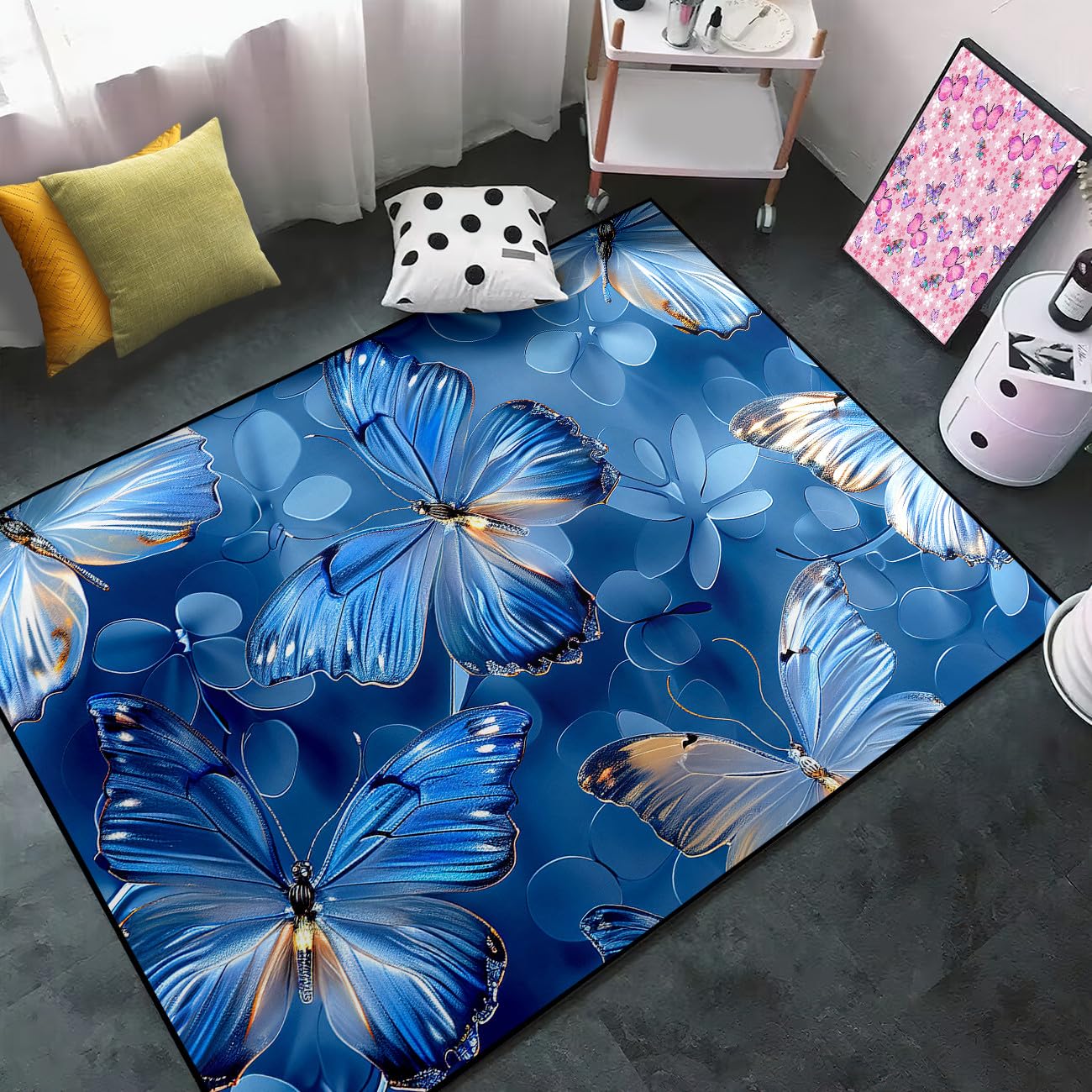 Butterfly Rug - Blue Butterfly Rugs for Girls Bedroom Living Room Kids Room Decor Modern Dreamy Butterfly Theme Carpets Floor Polyester Yoga Mat, 2'5''×4'