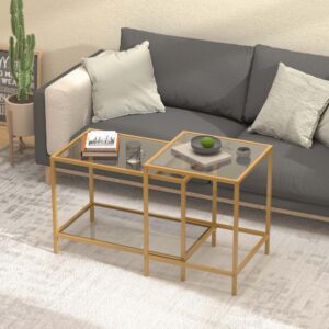 Coffee Table Set of 2,Gold Glass Nesting Coffee Side End Table,Square Modern Center Table for Living Room,Bedroom and Small Spaces,Tempered Glass-top with Sturdy Metal Frame, Easy Assembly