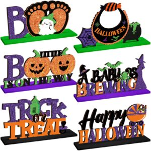 threehoney 6 pcs a baby is brewing halloween table centerpiece wooden pumpkin table centerpiece black purple witch block sign halloween baby shower decorations for dinner gender reveal party