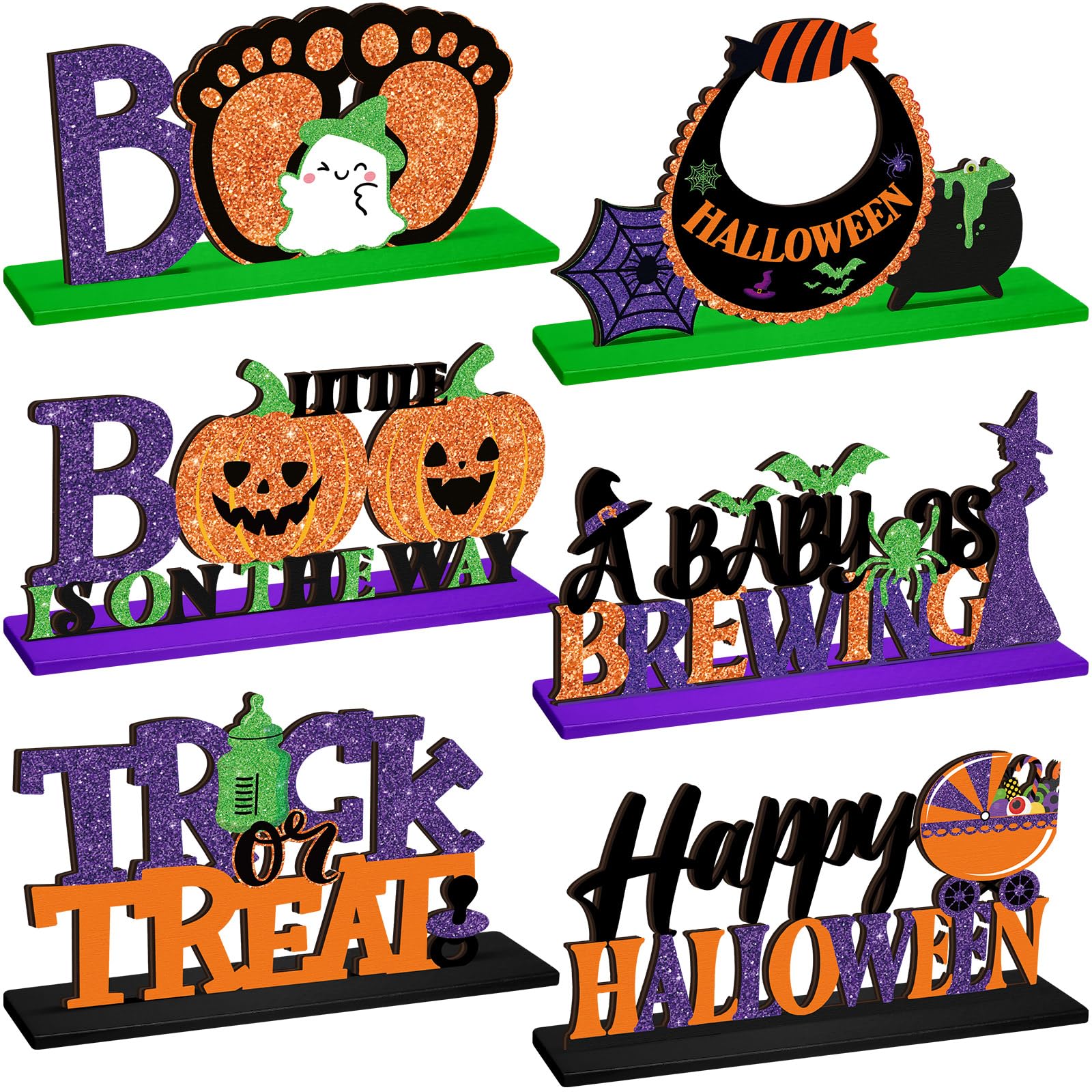 Threehoney 6 Pcs a Baby is Brewing Halloween Table Centerpiece Wooden Pumpkin Table Centerpiece Black Purple Witch Block Sign Halloween Baby Shower Decorations for Dinner Gender Reveal Party