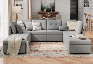 linsy home oversized modular sectional couch, rubik iii 6 seats with 4 ottomans convertible u shaped sectional sleeper sofa with storage, all covers changeable washable, grey