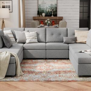 LINSY HOME Oversized Modular Sectional Couch, Rubik III 6 Seats with 4 Ottomans Convertible U Shaped Sectional Sleeper Sofa with Storage, All Covers Changeable Washable, Grey