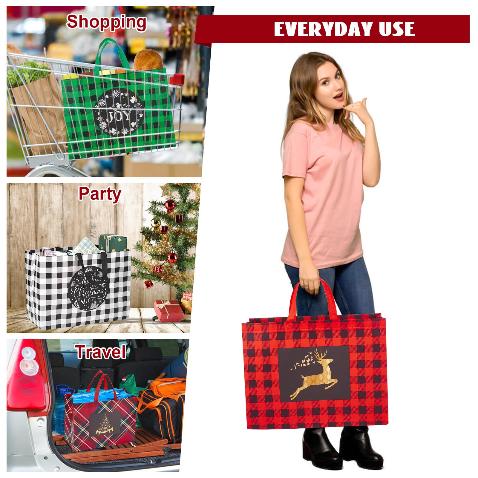 12PCS Extra Large Christmas Gift Bags, 16.9"×12.6"×7.1”, Reusable Christmas Tote Bags with Handle Non-Woven Christmas Bags for Gifts Wrapping Xmas Holiday