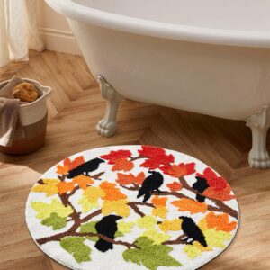 RoomTalks Fall Maple Leaves Bath Mat Non Slip Washable 2ft Fall Colored Halloween Autumn Crow Round Circle Bathroom Mat Bath Rug, Shaggy Plush Absorbent Harvest Season Thanksgiving Bathroom Rug