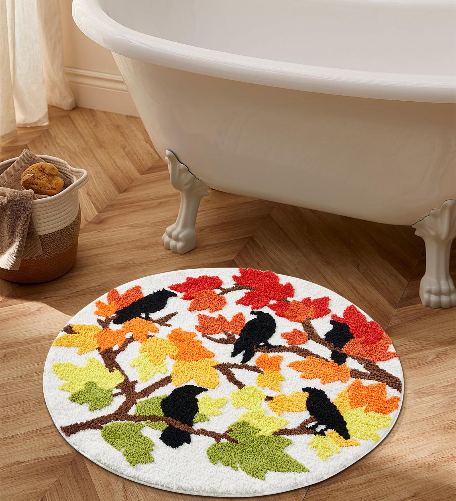 RoomTalks Fall Maple Leaves Bath Mat Non Slip Washable 2ft Fall Colored Halloween Autumn Crow Round Circle Bathroom Mat Bath Rug, Shaggy Plush Absorbent Harvest Season Thanksgiving Bathroom Rug