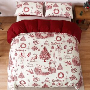 WONGS BEDDING Christmas Duvet Cover Set King, 3 Pcs Red Christmas Bedding Set with Elk, Snowflakes, Farmhouse, Soft Microfiber Comforter Cover Set Includes with 2 Pillowcases (Not Comforter)