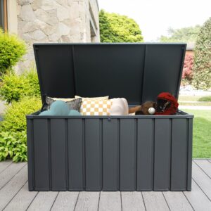 domi 120 gallon deck box, lockable outdoor waterproof storage box large outside storage container bin with galvanized steel for bedroom pillow, garden tool, dark gray