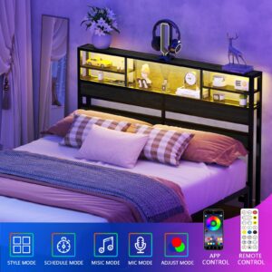 Furnulem Headboard Full Size with 3-Tier Shelf, Bookcase Storage Head Board with RGB LED Light and Charging Station,2 Outlets and 2 USB Ports,Black Wood Storage Cubbies & Metal Frame,Adjustable Height