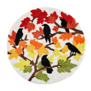 roomtalks fall maple leaves bath mat non slip washable 2ft fall colored halloween autumn crow round circle bathroom mat bath rug, shaggy plush absorbent harvest season thanksgiving bathroom rug