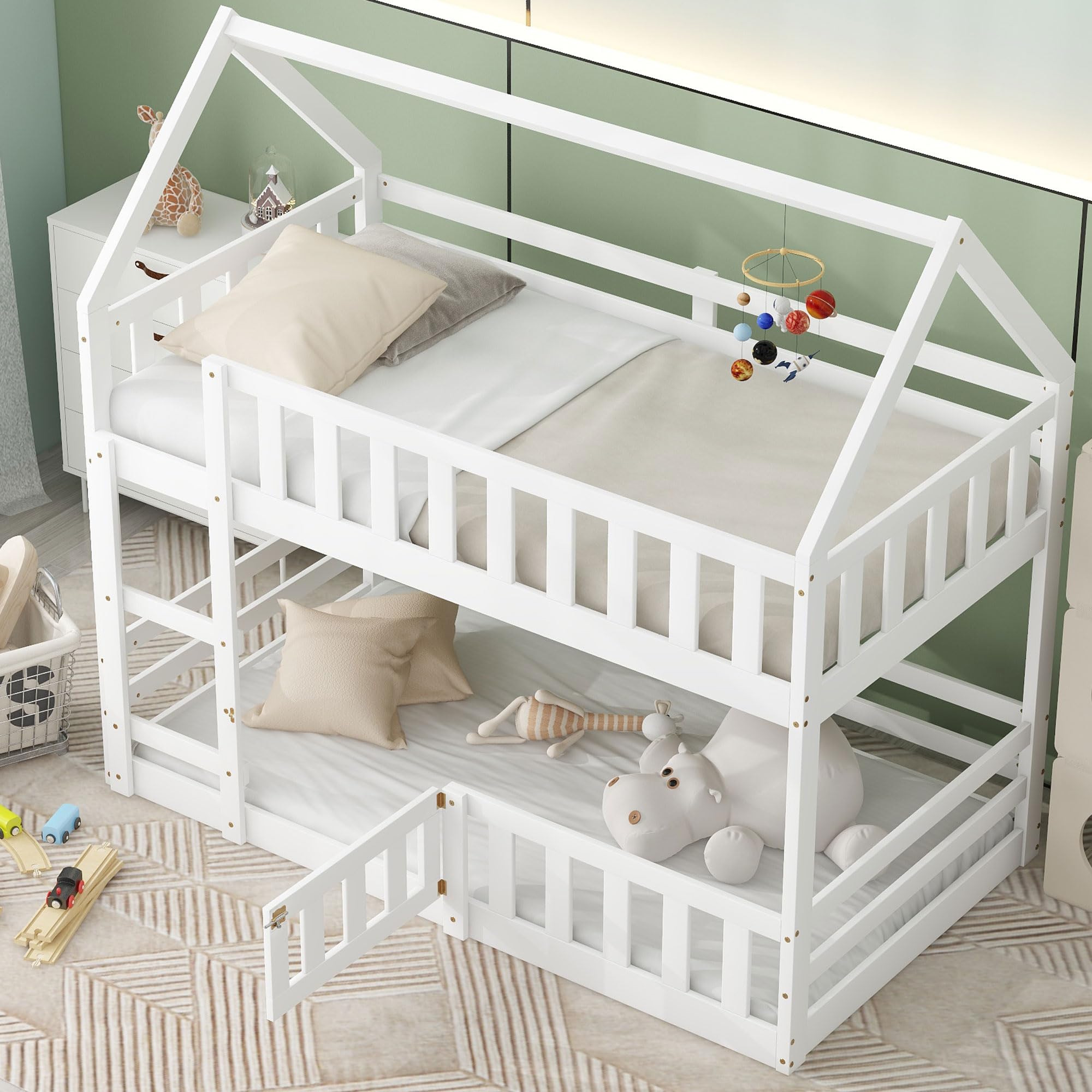 DRELOFT Twin Over Twin Floor Bunk Bed with Roof, Twin Low House Bunk Bed Frame with Ladder, Fence and Door for Kids Teens Boys Girls, Easy Assembly, White