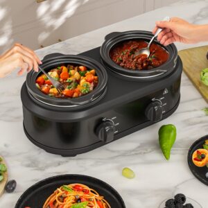 Double Slow Cooker Buffet Server and Warmers, Small Slow Cooker with 3 Individual Adjustable Temp, Dishwasher Safe Dual Ceramic Pots, Total 2.5 Quarts, Black