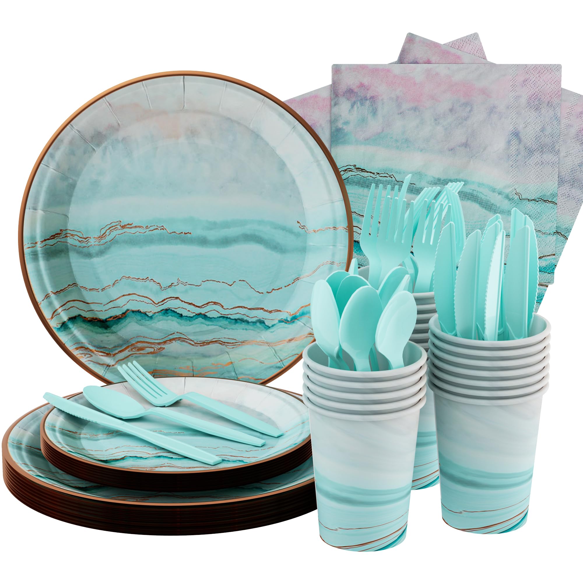 Teal Birthday Party Plates And Napkins Teal Gradient Purple Paper Plate With Rose Gold Border And Stripes Can Be Used As Disposable Party Decoration Supplies Turquoise Paper Plates Set For 24 Guests