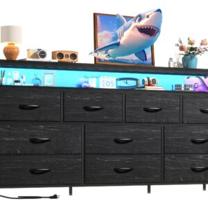 EnHomee 55" W Dresser for Bedroom with 10 Drawers Long Dresser with LED Lights & Power Outlets Wide Dressers & Chests of Drawers Large Dresser for Bedroom Dresser Metal Frame, Wood Top, Charcoal Black