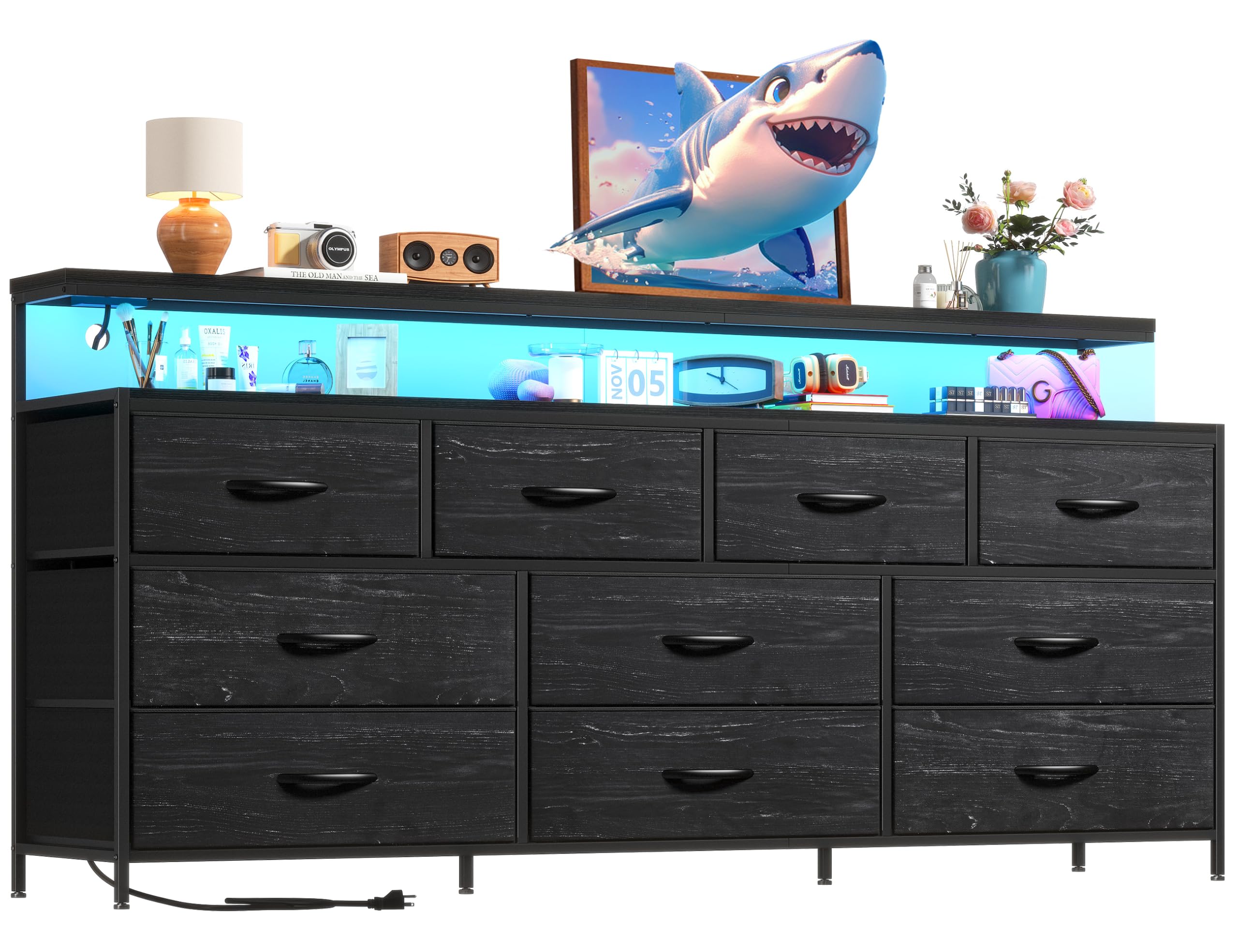 EnHomee 55" W Dresser for Bedroom with 10 Drawers Long Dresser with LED Lights & Power Outlets Wide Dressers & Chests of Drawers Large Dresser for Bedroom Dresser Metal Frame, Wood Top, Charcoal Black