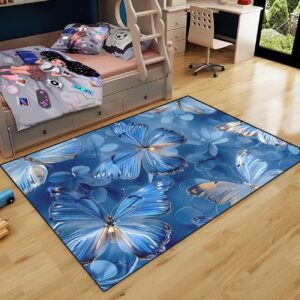 Butterfly Rug - Blue Butterfly Rugs for Girls Bedroom Living Room Kids Room Decor Modern Dreamy Butterfly Theme Carpets Floor Polyester Yoga Mat, 2'5''×4'