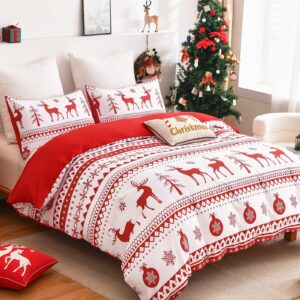 WONGS BEDDING Christmas Duvet Cover Set King Size,3 Pieces Reversible Red Elk Snowflake Pattern Decor Bedding Duvet Cover with Zipper Closure for New Year Holiday, Soft Microfiber Bedding Set 104"x90"