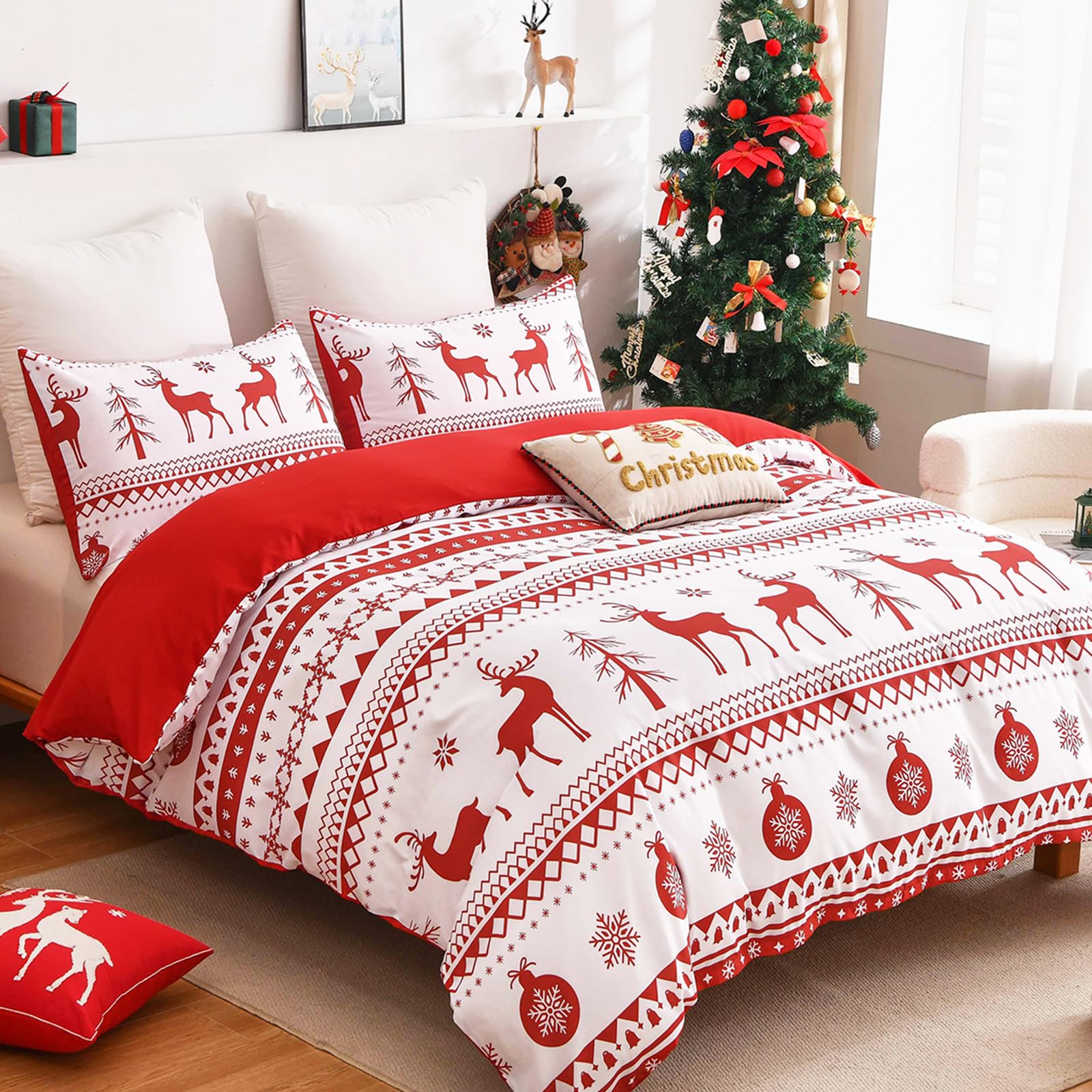 WONGS BEDDING Christmas Duvet Cover Set King Size,3 Pieces Reversible Red Elk Snowflake Pattern Decor Bedding Duvet Cover with Zipper Closure for New Year Holiday, Soft Microfiber Bedding Set 104"x90"