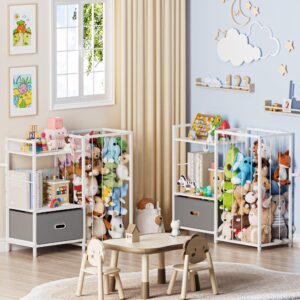 Stuffed Animal Storage Toy Storage Organizer, Metal Toy Storage with Kids Bookshelf and Toy Box, Stuff Animal Organizer Toy Bin, Plushies Storage Holder Zoo Toy Chest for Kids Room, Playroom, Nursery