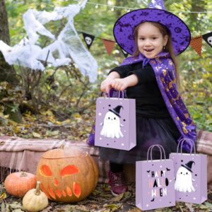 JarThenaAMCS 16Pcs Happy Halloween Paper Gift Bags Cute Ghost Party Favor Bags with Handle Lilac Purple Goodie Candy Treat Bags for Halloween Party Decor Supplies