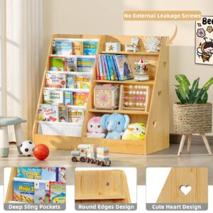 Lerliuo 4 Tier Kids Bookshelf and Storage Organizer, Five Layer Sling Children Bookcase, Baby Toddler Wooden Book Shelf, Display Cabinet for Playroom, Bedroom, Classroom, Nursery, School (Natural)