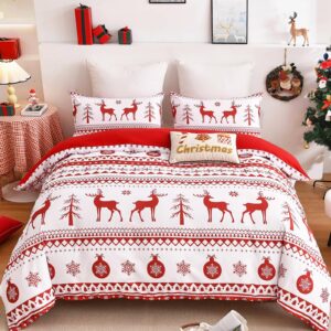 wongs bedding christmas duvet cover set king size,3 pieces reversible red elk snowflake pattern decor bedding duvet cover with zipper closure for new year holiday, soft microfiber bedding set 104"x90"