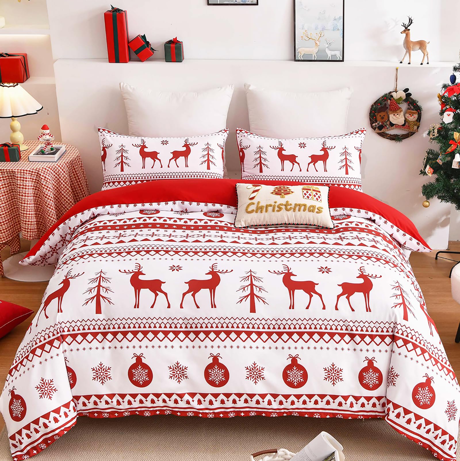 WONGS BEDDING Christmas Duvet Cover Set King Size,3 Pieces Reversible Red Elk Snowflake Pattern Decor Bedding Duvet Cover with Zipper Closure for New Year Holiday, Soft Microfiber Bedding Set 104"x90"