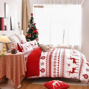 WONGS BEDDING Christmas Duvet Cover Set King Size,3 Pieces Reversible Red Elk Snowflake Pattern Decor Bedding Duvet Cover with Zipper Closure for New Year Holiday, Soft Microfiber Bedding Set 104"x90"