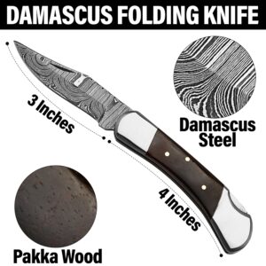 Handmade Damascus Pocket Knife for Men - 7 Inch Damascus Folding Knife with Sheath, Steel Bolster, Pocket Knives and Folding Knives with Back Lock, Pakkawood - Best for EDC, Camping and Hiking