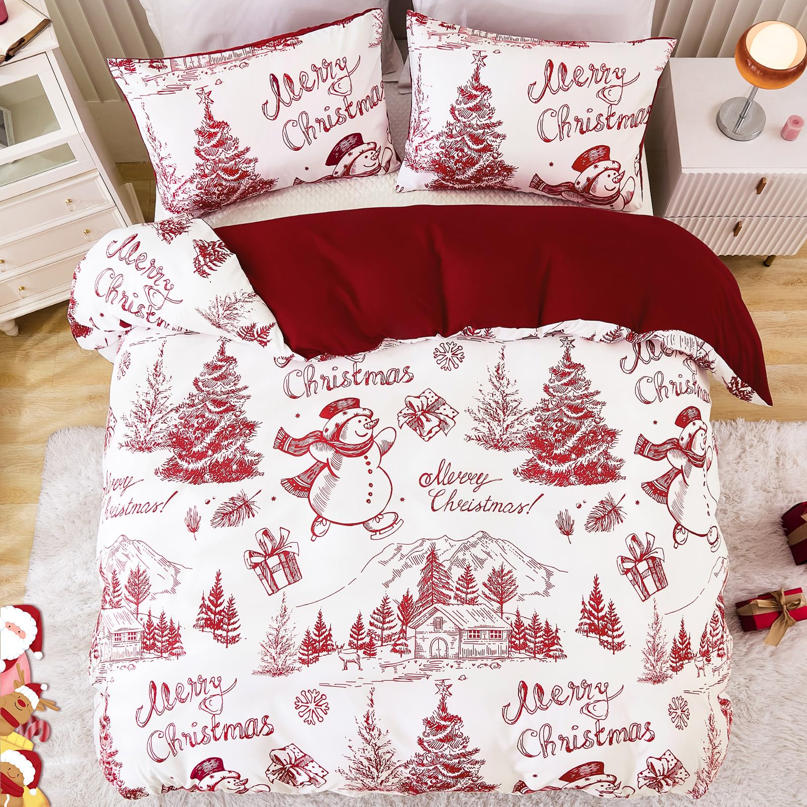 Drucon Christmas Duvet Cover Set Queen Size 3 Pieces Soft Microfiber Breathable Bedding Set Red Christmas Snowman Pattern Duvet Cover with 2 Pillowcases