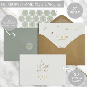 Beautiful Thank You Cards Set of 20 With Envelopes and Stickers - Elegant Blank Cards For Personalized Notes - Perfect Bulk Stationary Set For All Occasions incl. Weddings, Business & Baby Showers