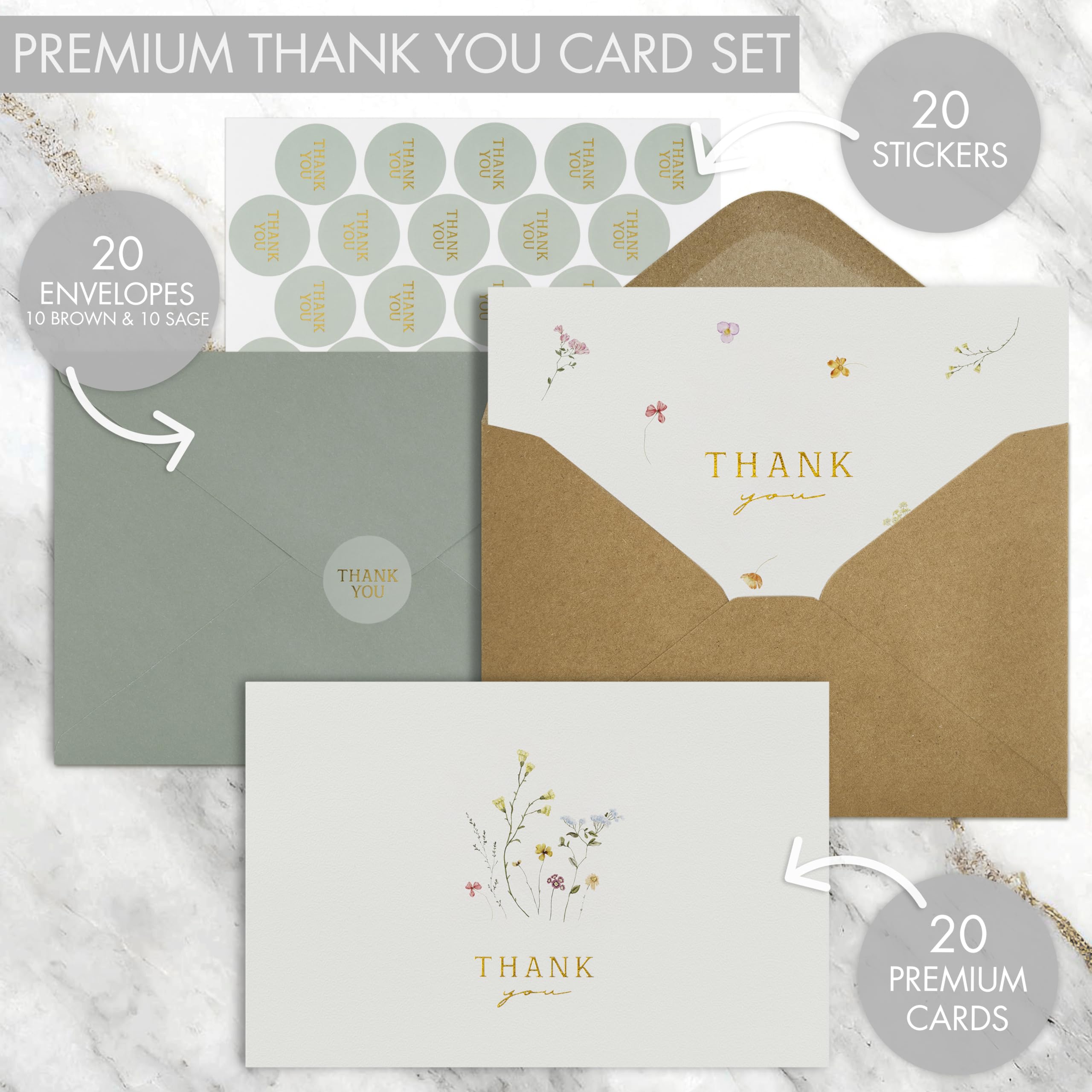 Beautiful Thank You Cards Set of 20 With Envelopes and Stickers - Elegant Blank Cards For Personalized Notes - Perfect Bulk Stationary Set For All Occasions incl. Weddings, Business & Baby Showers