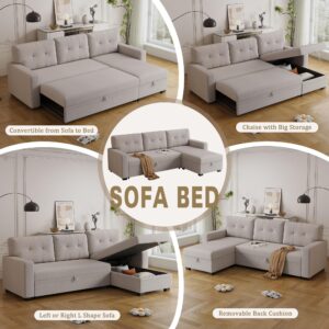 ACQCA 82" Convertible Sectional Sleeper Sofa with Storage Chaise, L Shaped Pull Out Couch Bed with 3 Tufted Back Cushion for Living Room, Apartment,Office,Beige