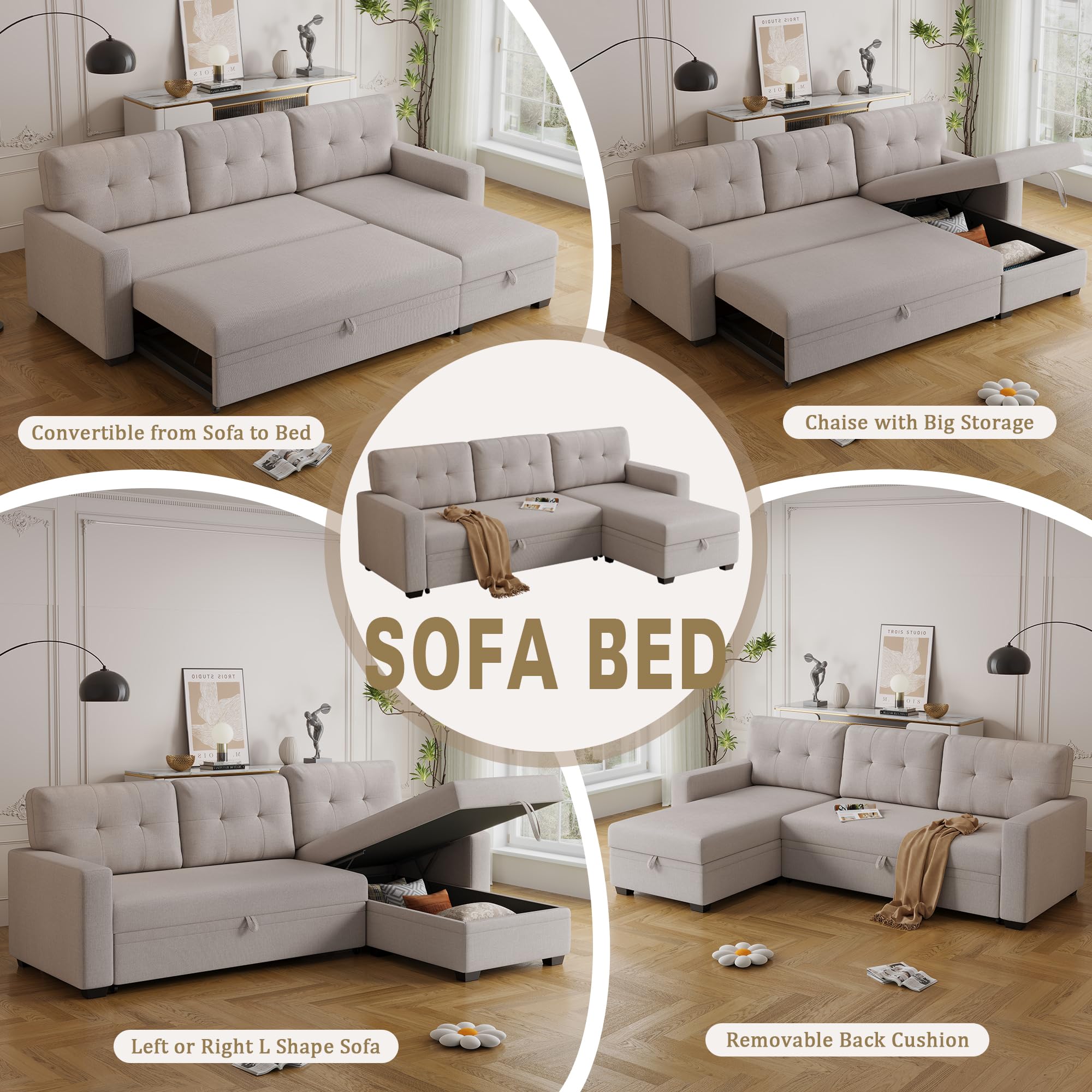 ACQCA 82" Convertible Sectional Sleeper Sofa with Storage Chaise, L Shaped Pull Out Couch Bed with 3 Tufted Back Cushion for Living Room, Apartment,Office,Beige