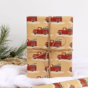 LaRibbons Reversible Kraft Vintage Christmas Wrapping Paper with Natural Jute Twine, Classic Truck Design for Christmas, Party, Holiday, Celebration, 17 Inch X 40 Feet (56.6 sq. ft. ttl.)