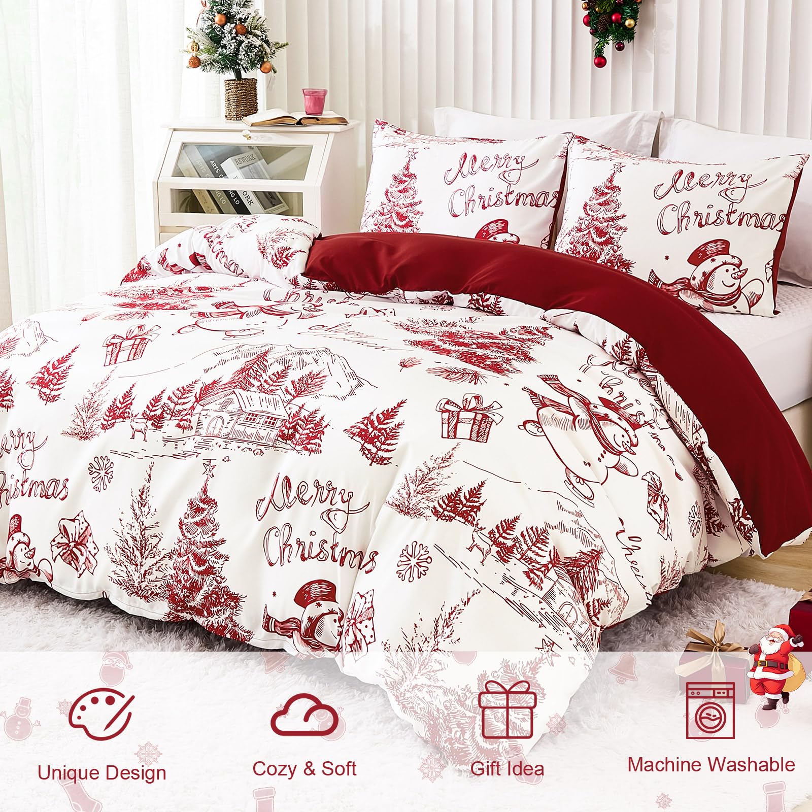 Drucon Christmas Duvet Cover Set Queen Size 3 Pieces Soft Microfiber Breathable Bedding Set Red Christmas Snowman Pattern Duvet Cover with 2 Pillowcases