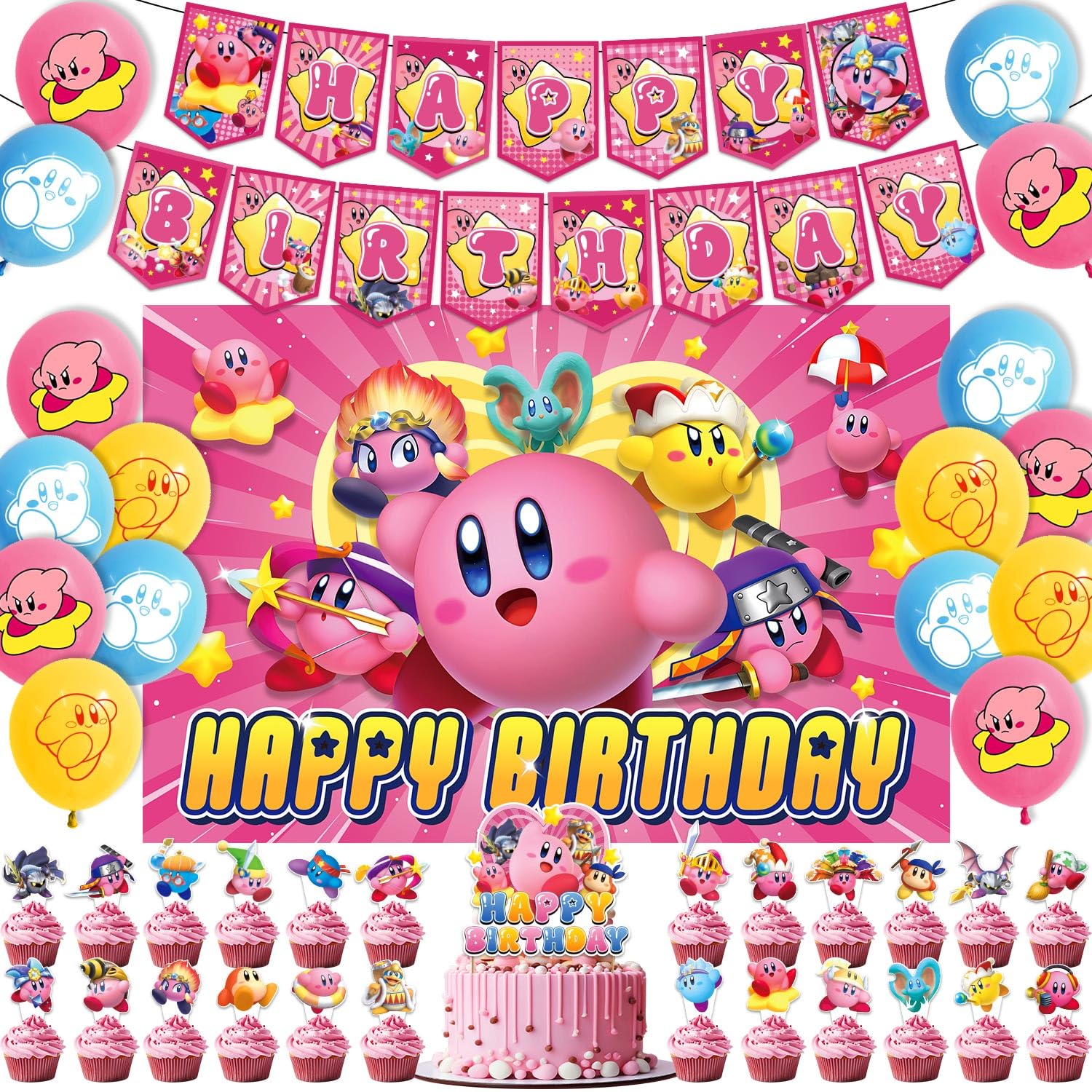 Kir-Star Birthday Party Decorations,Happy Birthday Banner Set for Kids,Cupcake Toppers,Balloons Party Supply