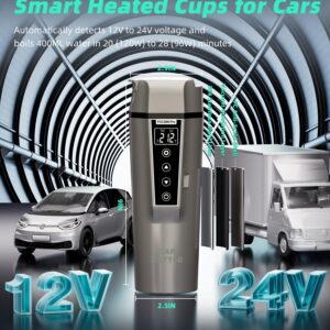 BLONGKY Portable Electric Car Kettle: 12V/24V Kettle Mini Water Boiler for Car Heated Travel Mug,Smart Precision Temperature Adjustment Coffee Tea Truck Cup with Handy Kettle Bag (Taupe, 400ML)