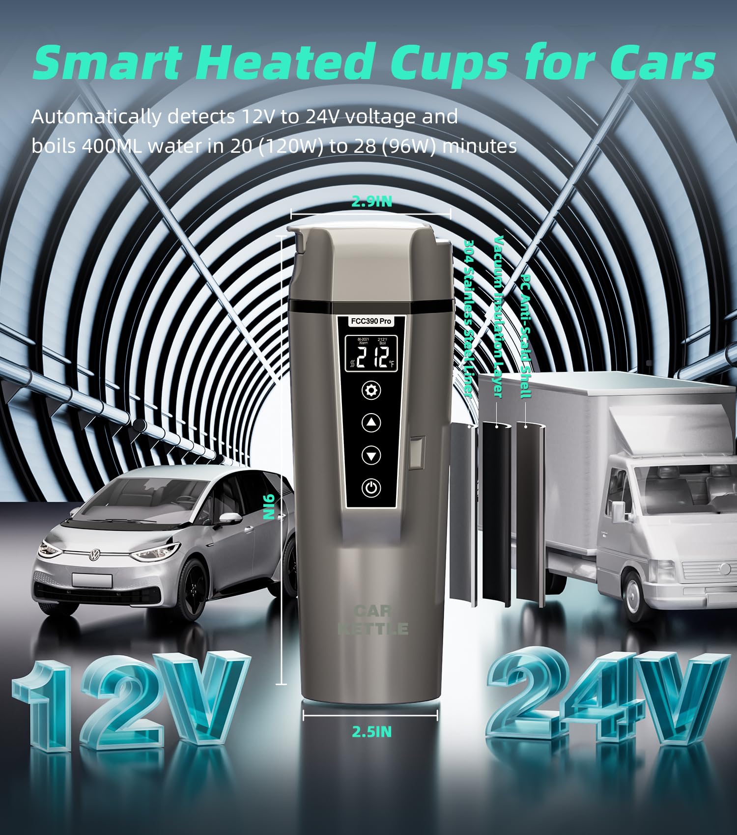 BLONGKY Portable Electric Car Kettle: 12V/24V Kettle Mini Water Boiler for Car Heated Travel Mug,Smart Precision Temperature Adjustment Coffee Tea Truck Cup with Handy Kettle Bag (Taupe, 400ML)