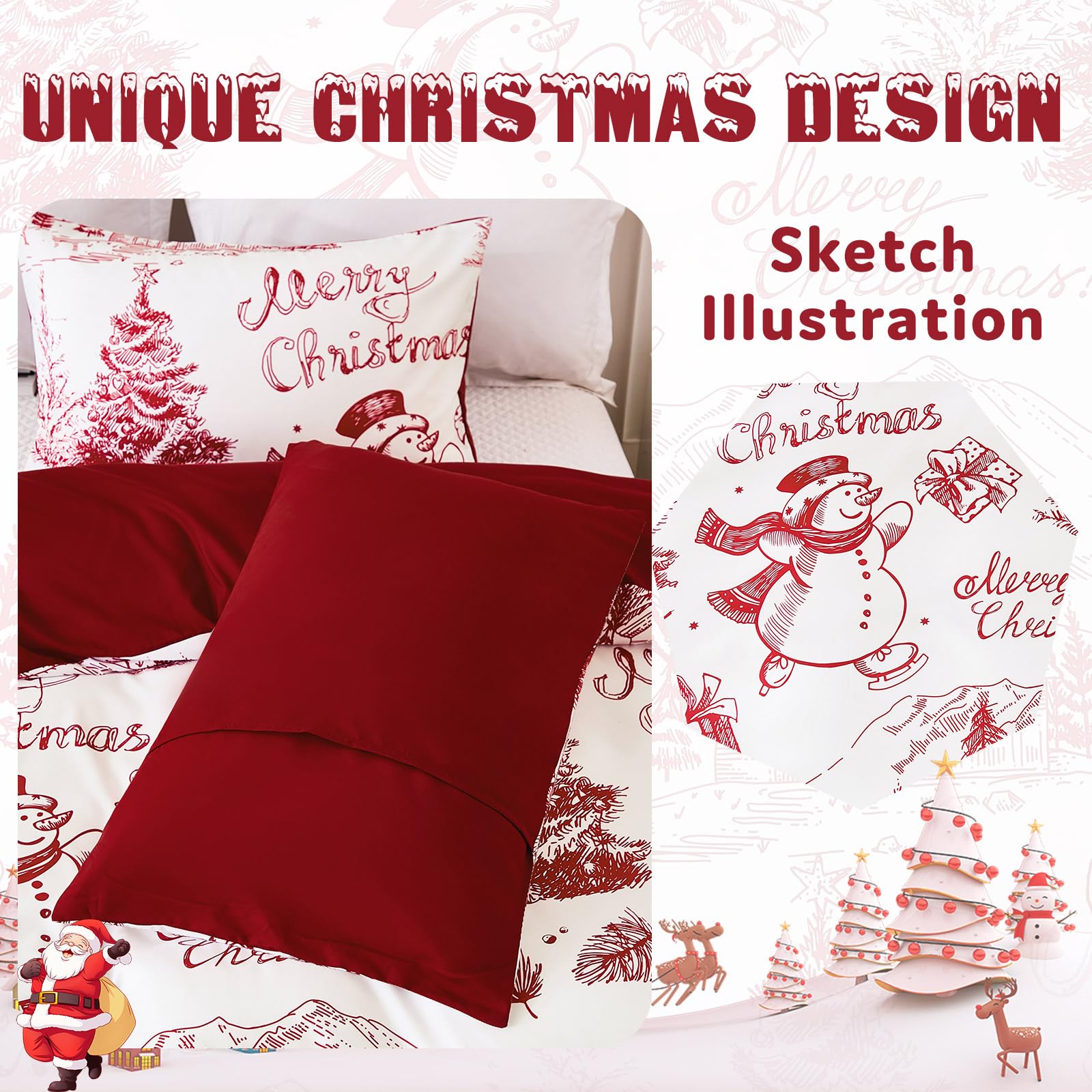 Drucon Christmas Duvet Cover Set Queen Size 3 Pieces Soft Microfiber Breathable Bedding Set Red Christmas Snowman Pattern Duvet Cover with 2 Pillowcases