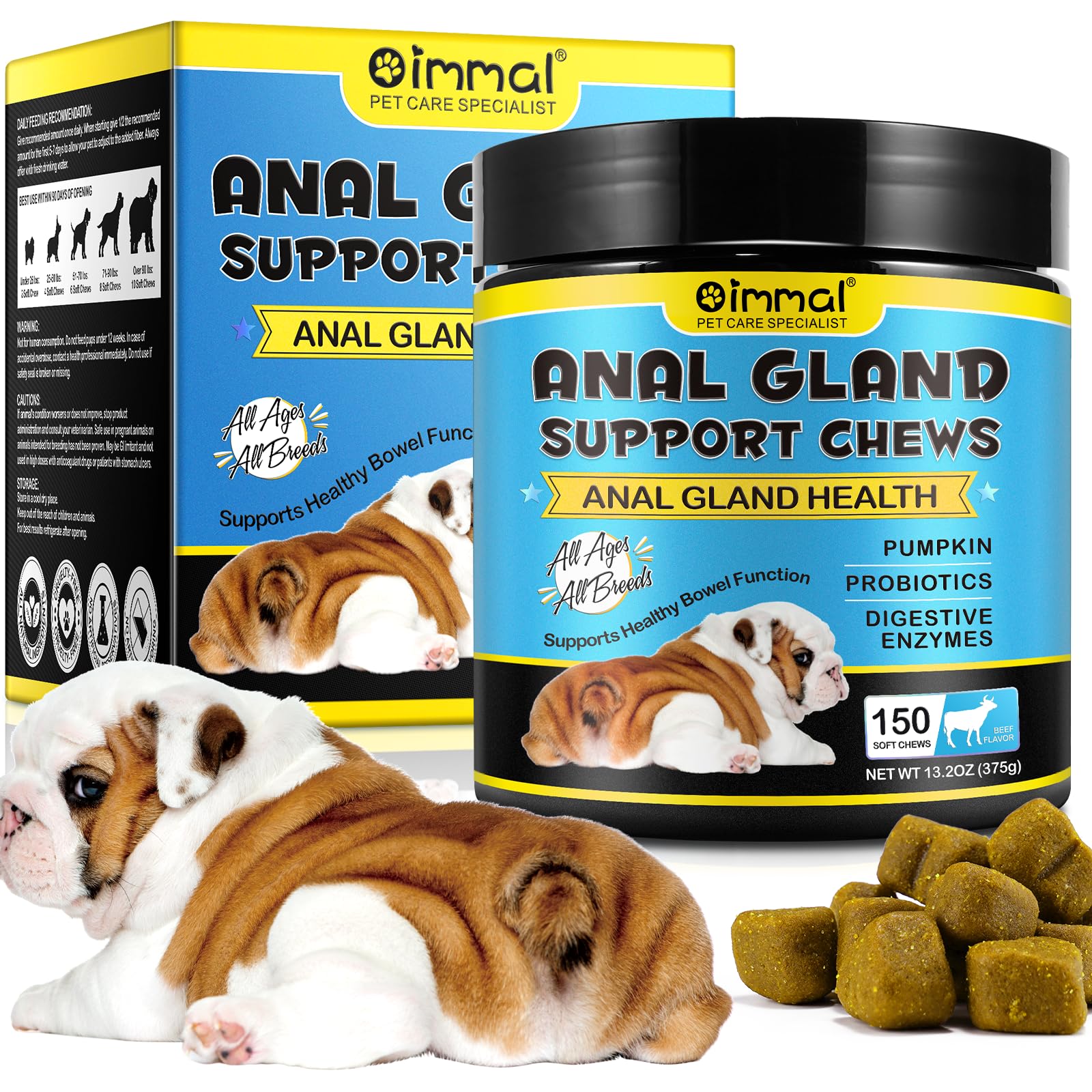 Anal Gland Soft Chew Treats, Dog Fiber Supplement for Anal Glands with Pumpkin, Digestive Enzymes, Gland Support Soft Chews for Dogs Digestive & Gut Health, Normal Bowel Function