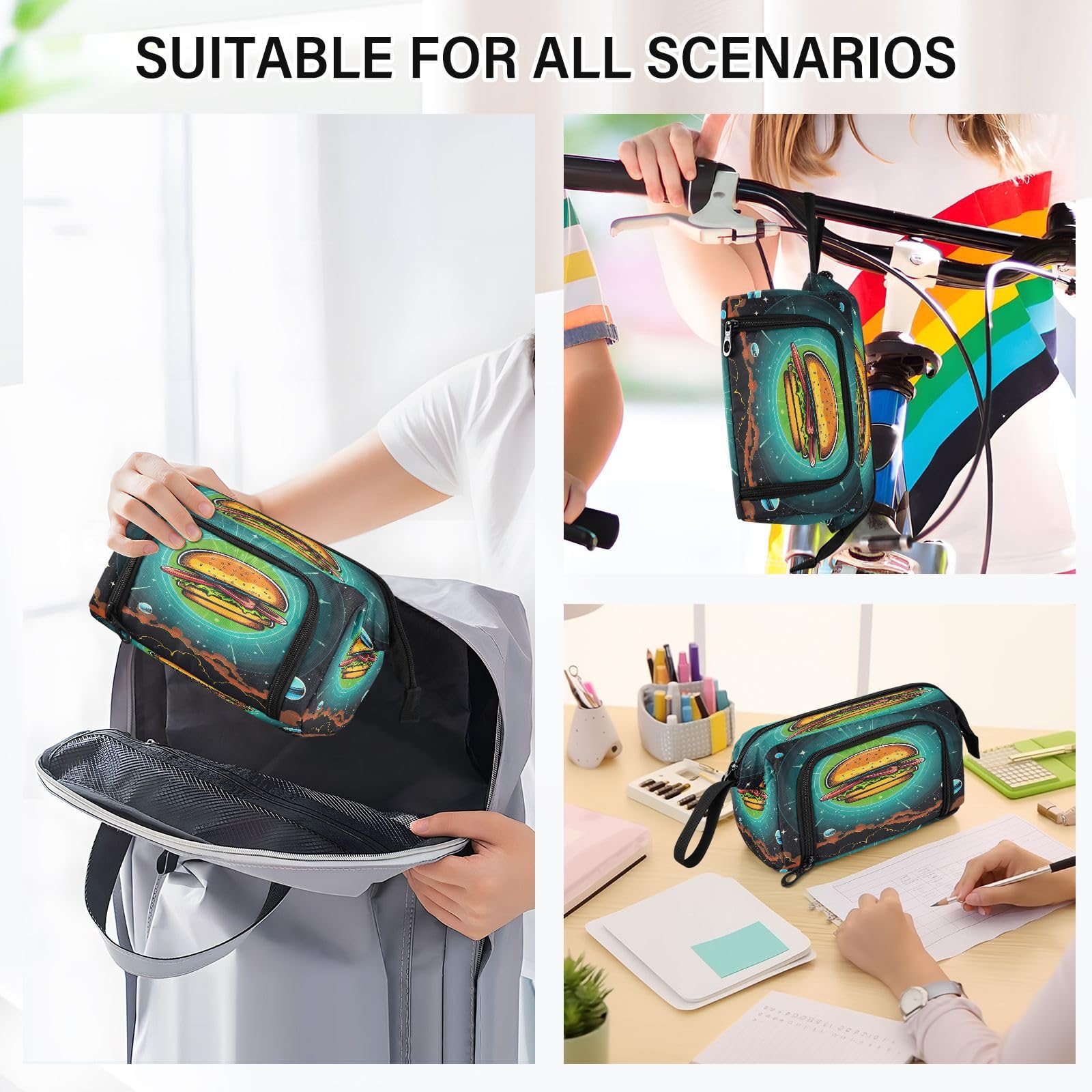 Emelivor Cartoon Hamburger Planet Pencil Case Large Capacity Pencil Pouch Bag with Compartmens Pen Bag Case with Zipper Stationery Bag Pencil Organizer for School Office Adults College Teens