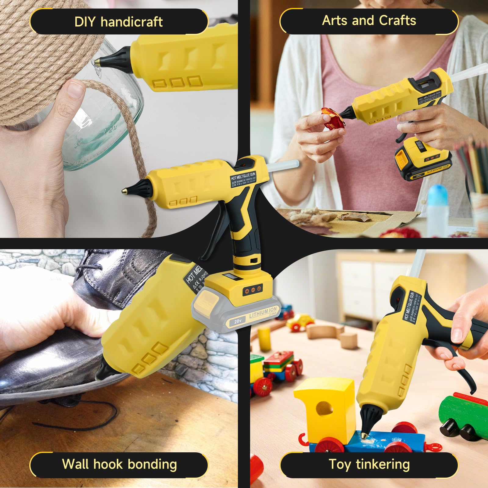 Cordless Glue Gun, for DeWalt Dual-Power Hot Glue Gun, Fast Heating 100°C-200°C Temp Adjust LCD Digital Display with Plug, 10Pcs 11mm Full Size Glue Sticks for Arts&Crafts&DIY(Tool Only)