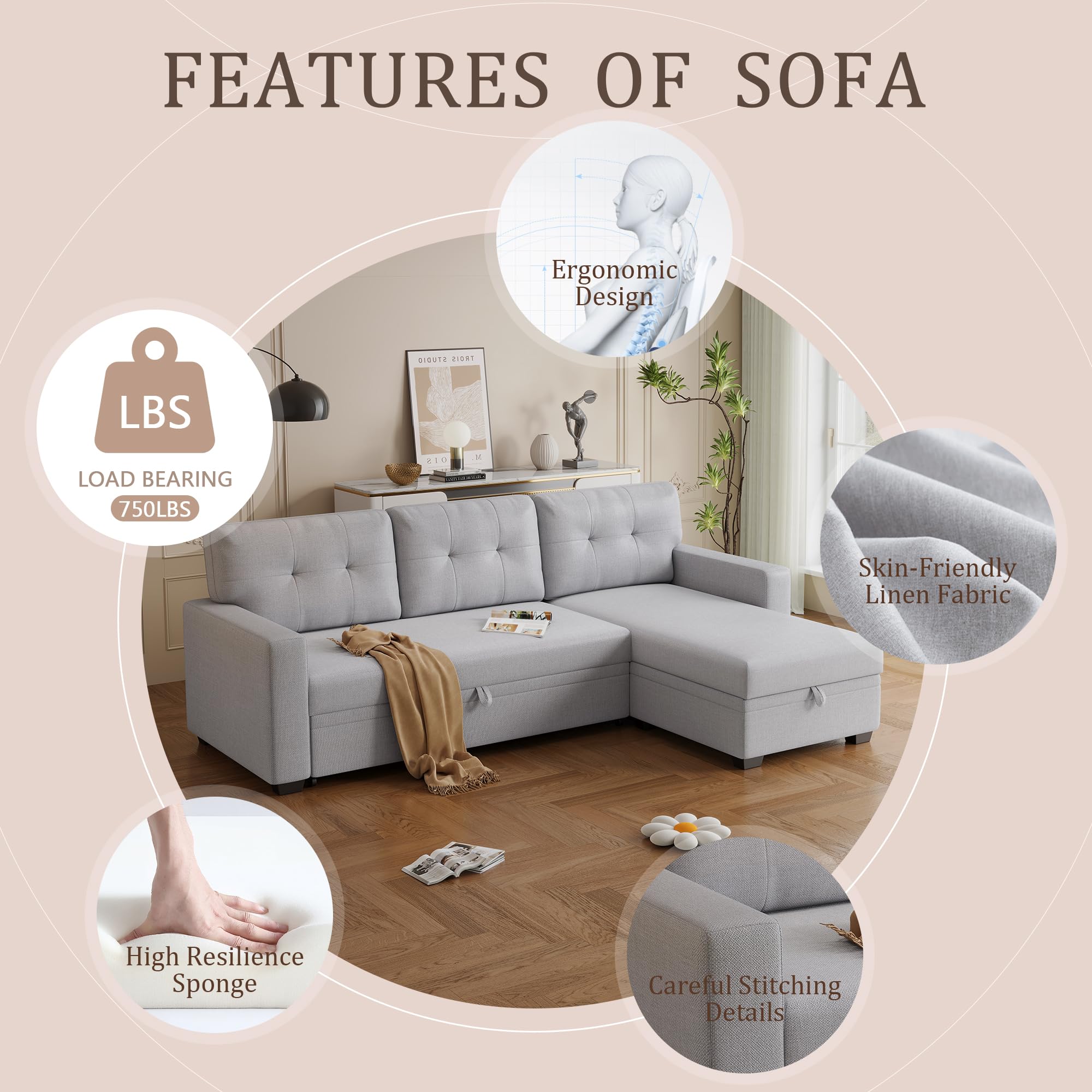 ACQCA 82" Convertible Sectional Sleeper Sofa with Storage Chaise, L Shaped Pull Out Couch Bed with 3 Tufted Back Cushion for Living Room, Apartment,Office,Light Gray