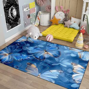 Butterfly Rug - Blue Butterfly Rugs for Girls Bedroom Living Room Kids Room Decor Modern Dreamy Butterfly Theme Carpets Floor Polyester Yoga Mat, 2'5''×4'