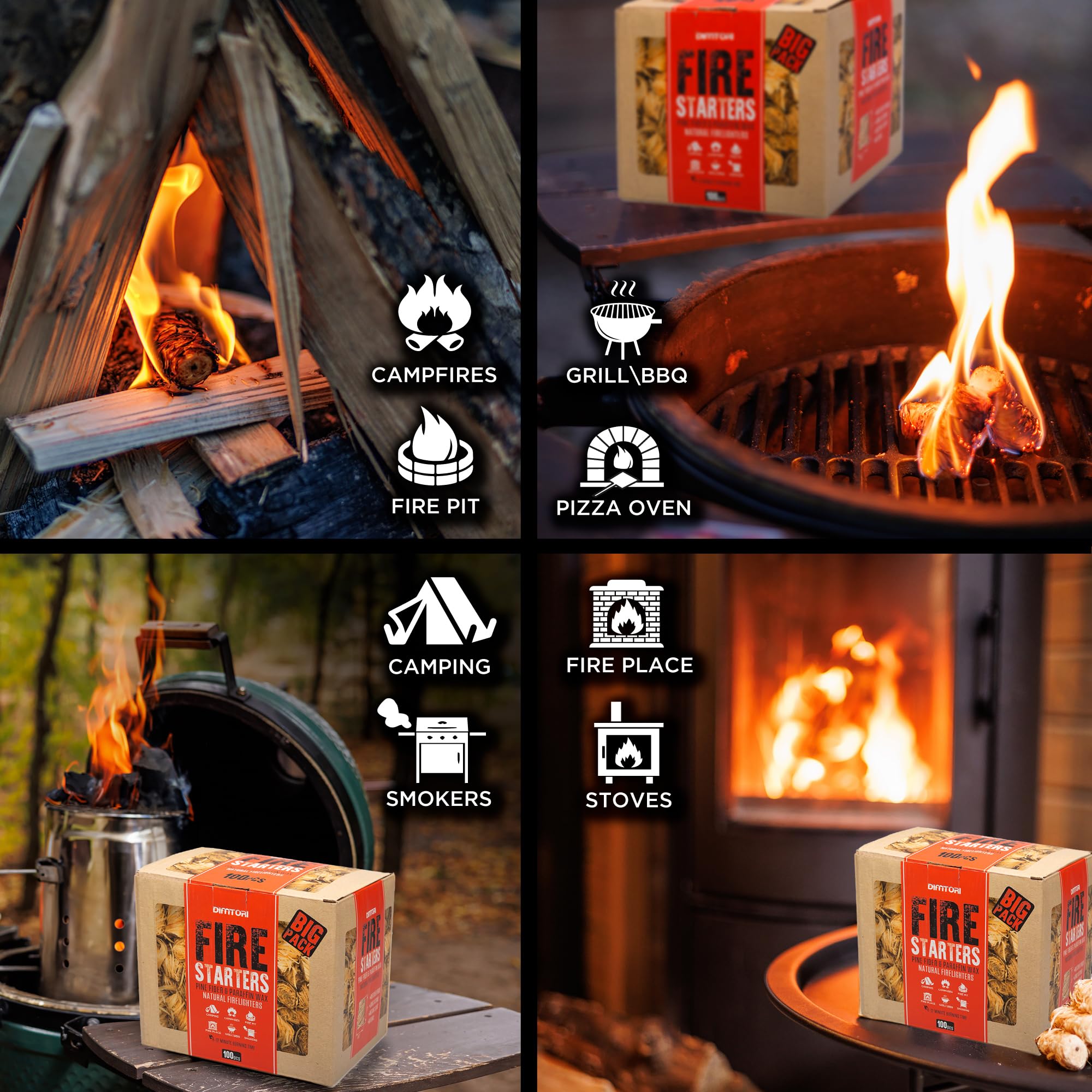 100 pcs Fire Starter for Indoor and Outdoor Use - Natural, Eco-Friendly Firelighter for Grills, Smokers, Fire Pits, Wood Stoves - Waterproof, All-Weather Charcoal Starter, Fire Starters for Campfires